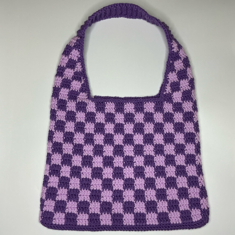 Handmade Amethyst & Soft Purple Checker Checkerboard Crochet Shoulder Tote Bag - Picture 10 of 16